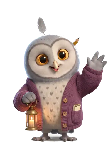 Olive the owl waving, holding a little lantern